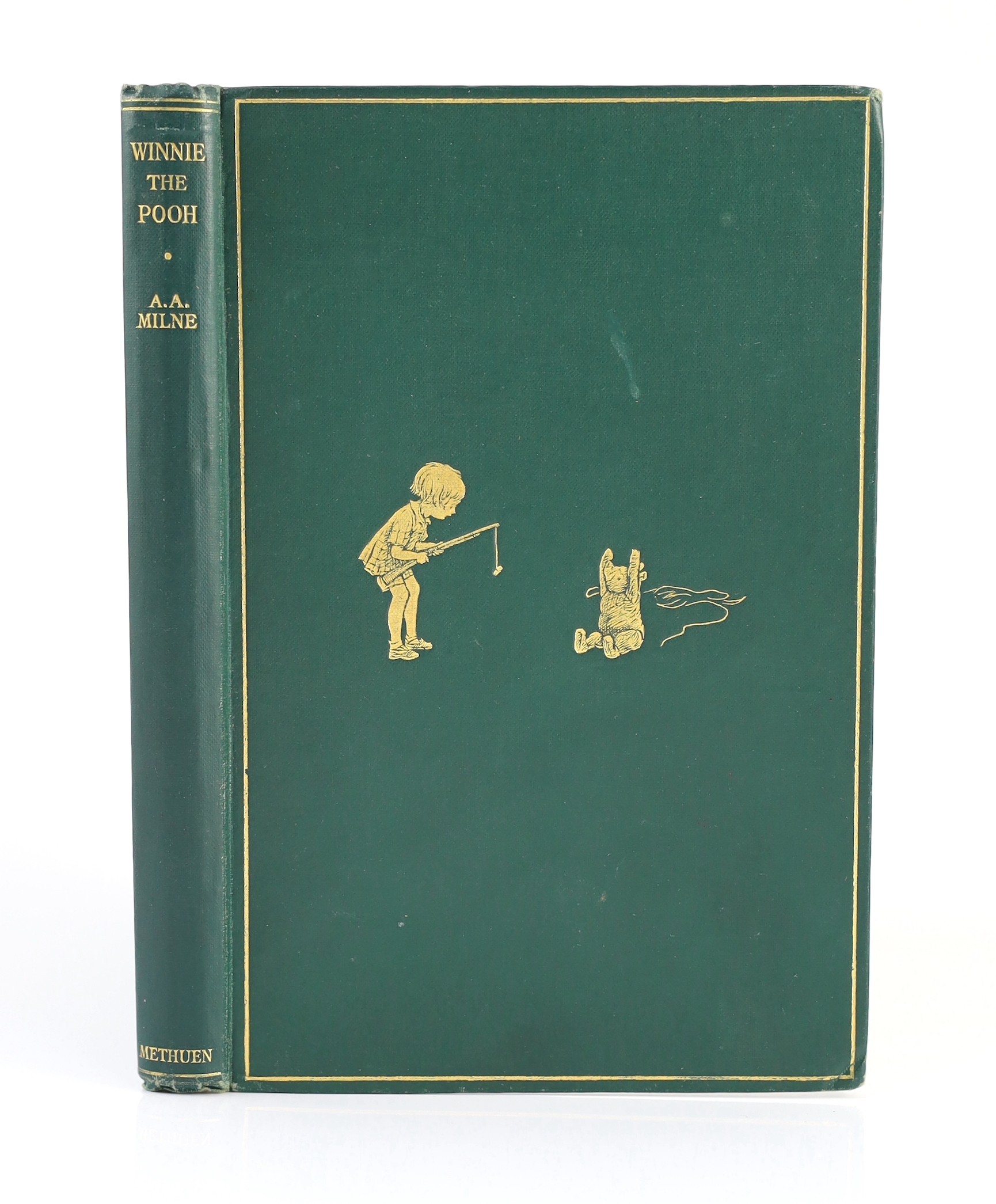 Milne, A.A. - Winnie-The-Pooh. First edition. illus. throughout (by Ernest H. Shepard, some full-page), half title; publisher's green gilt pictorial cloth, gilt top, pictorial e/ps., sm.cr.8vo. 1916